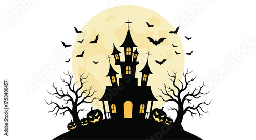 A spooky Halloween scene featuring a haunted house with glowing windows, surrounded by bare trees, jack-o'-lanterns, and flying bats under a full