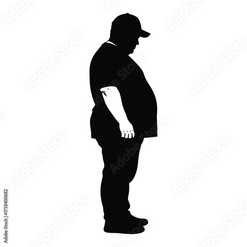 Silhouette of a man wearing a cap and t shirt standing with his head down in a white background