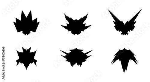 A collection of six abstract geometric shapes. Black silhouettes with sharp, spiky edges for futuristic branding, gaming logos, or modern icon design.