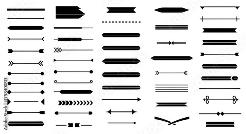 A big set of various black silhouette text dividers and separator lines. Includes arrows, geometric shapes, and vintage ornaments for graphic design.