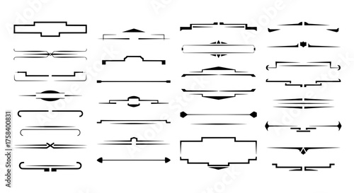 A large collection of modern geometric text dividers and title frames. Clean black line art elements perfect for page decoration and calligraphic design.