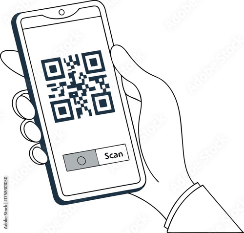 A 3D cartoon hand taps a QR code on a smartphone screen, with a transparent background, showcasing digital access and interaction.