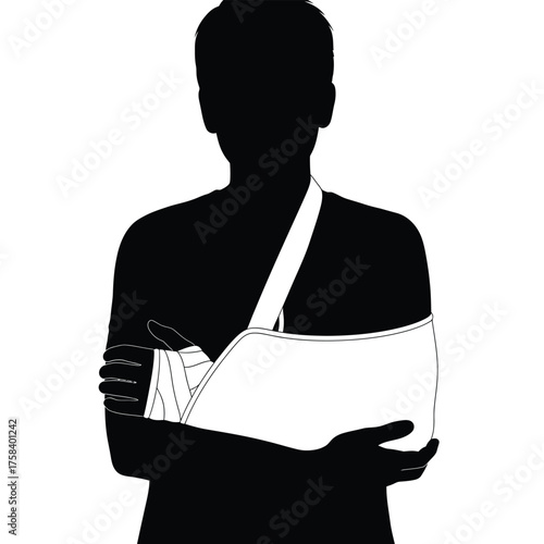 Silhouette of a person with an arm sling and bandaged hand against a white background image