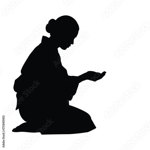 A silhouette of a woman in a kimono kneeling with her hands outstretched in supplication pose