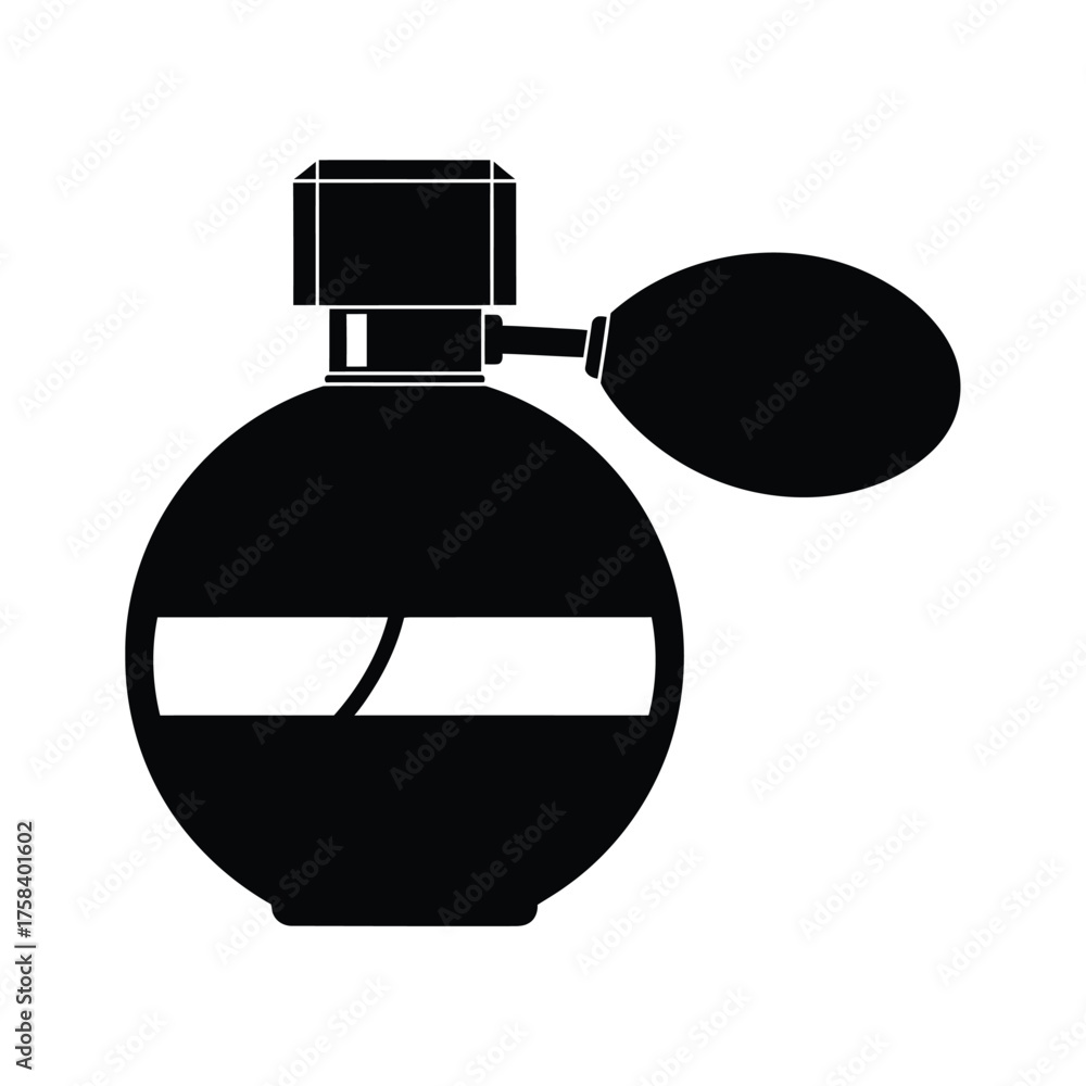 Obraz premium A black and white graphic of a vintage style perfume bottle with a bulb atomizer design element silhouette