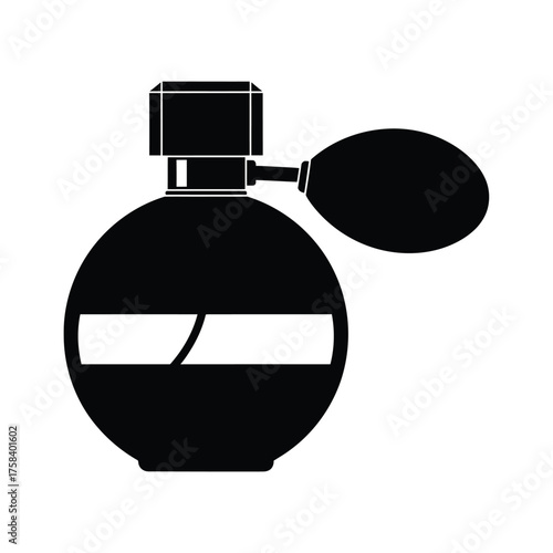 A black and white graphic of a vintage style perfume bottle with a bulb atomizer design element silhouette