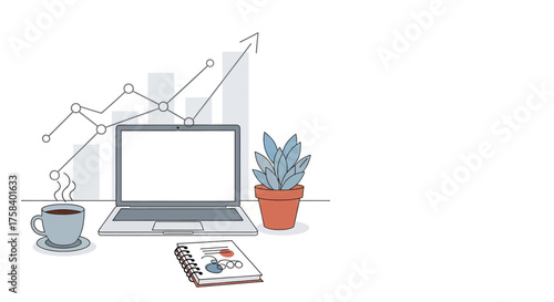 Growing Business Success on Desk Chart, Laptop, and Plant Illustration