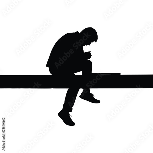 Silhouette of a person sitting on a beam with head down and hands clasped in a monochrome image