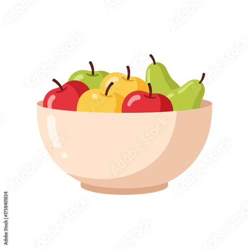 Bowl of fruit with apples and pears in red, yellow, and green colors.