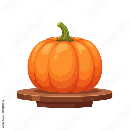 A vibrant orange pumpkin with a green stem resting on a wooden stand against a white background.