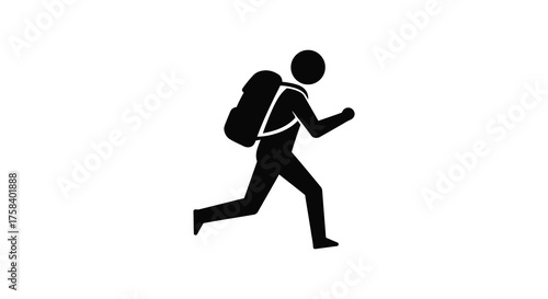 A dynamic silhouette of a person with a large backpack running with determination and speed silhouette