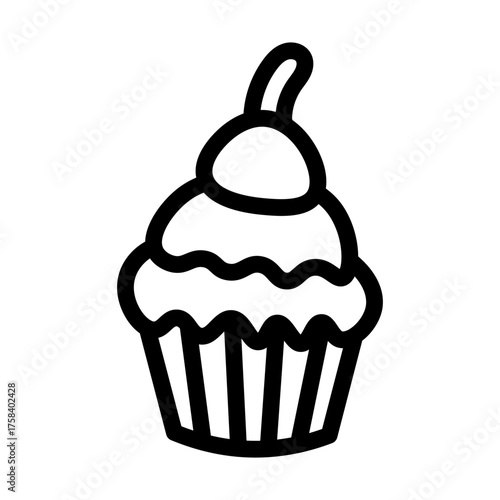 Minimalist line art icon of a delicious cupcake with swirled frosting, a sweet confection symbol for bakeries and dessert menus