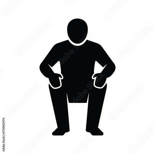A black silhouette of a person sitting with hands on knees against a white background plain