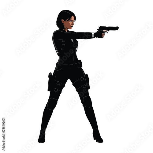 Woman in black tactical suit aiming a handgun with serious expression on white background silhouette