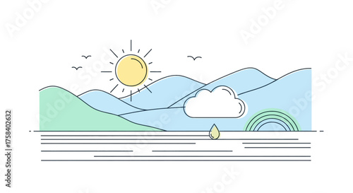 Flat line art vector illustration of a natural landscape concept. A scenic view with sun, mountains, sea, and weather elements like a cloud, rain, and a rainbow