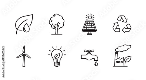 Set of hand drawn ecology icons sustainable energy nature green technology symbols simple sketch vector