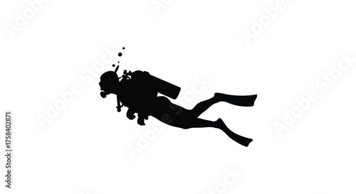 A lone scuba diver in full gear gracefully swims through the deep blue ocean depths silhouette