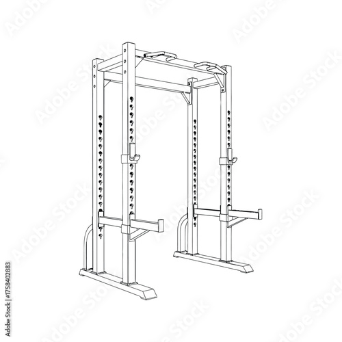 A detailed line drawing of a weight lifting rack with pull up bars and safety catches shown silhouette