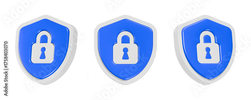 3d rendering design of blue shield with padlock inside symbol icon