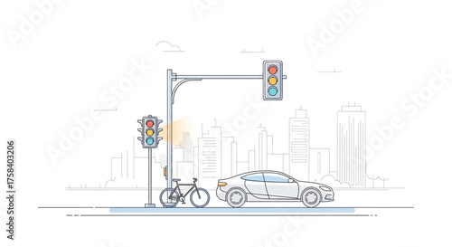Urban intersection scene with traffic lights, a car, and a bicycle, showcasing city infrastructure and transportation modes