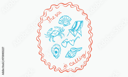 Crab, beach chair, oyster, sunglass design. Sound of the sea. Seashell vintage artwork. Summer vibes artwork. Seashell line drawing.