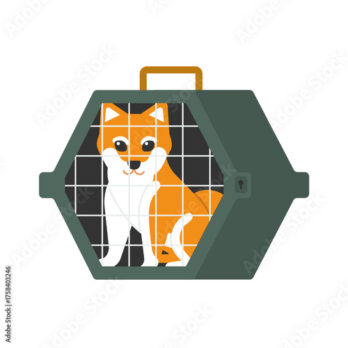 Vector isolated illustration with pet bag for travel in public transport like airplain, train, bus. Green animal carrier is durable and ergonomic trip accessory. Dog Siba Inu wiith orange fur sits