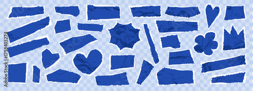 Blue torn and wrinkled paper dialog box set. Vector ripped papers. Distressed edge frames. Grungy headline stickers. Rough crumpled irregular square, rectangular, crown and heart shape collage pieces