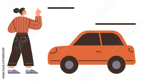 Woman gestures with a raised finger standing by an orange car. Ideal for transportation, travel, guidance, communication, car industry, mobility, education. A simple flat metaphor