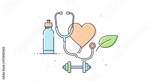 Healthy lifestyle concept stethoscope, water bottle, dumbbell, and heart symbol, representing fitness and well-being