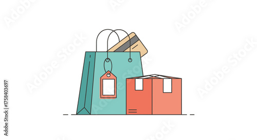 Online shopping and e-commerce concept illustration with a shopping bag, credit card, and package box for digital retail