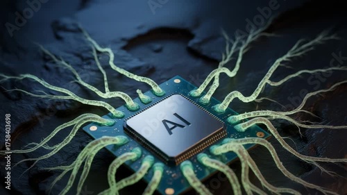 Intelligent AI chip emerges with glowing neural network connections expanding into darkness, symbolizing future technology and innovation