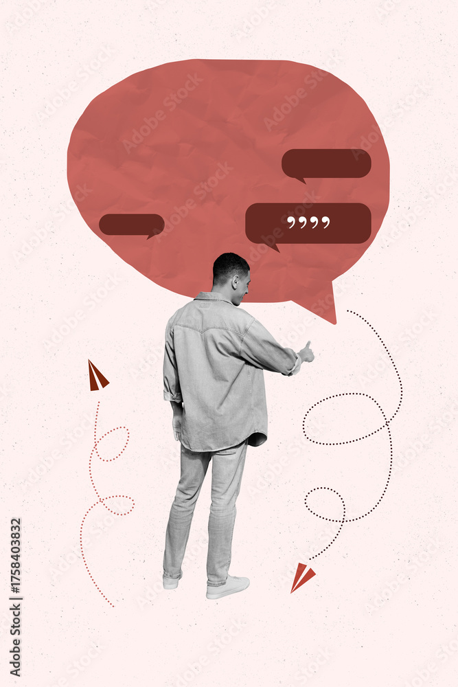 Naklejka premium Art pop collage of person touch sit with speech bubble on red background