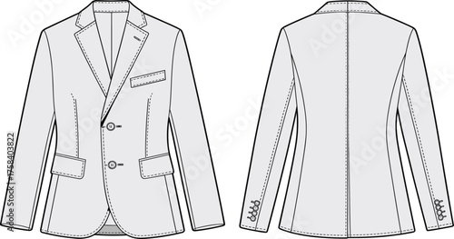 Blazer technical sketch, tailored jacket drawing, fashion cad illustration, garment construction, clothing design, apparel vector, front back view, sewing pattern, cad drawing flat vector illustration