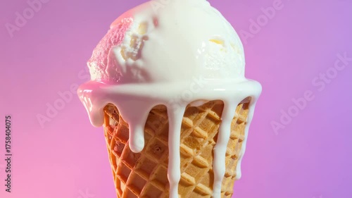 Indulgent vanilla ice cream cone melting with creamy white sauce cascading down the waffle in vibrant pink and purple studio lighting