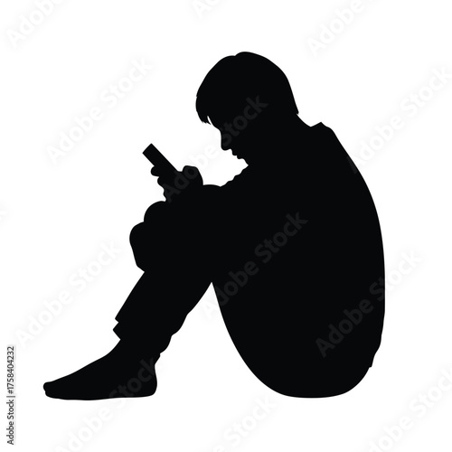 Silhouette of a person sitting with knees up looking at a mobile phone on a white background