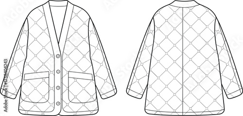 Cad drawing flat vector illustration, quilted jacket fashion sketch, front and back technical design, apparel template, clothing pattern outline