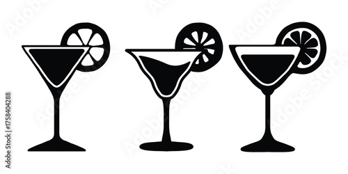 Cocktail Glass Vector Silhouette. Minimal Drink Icon Set