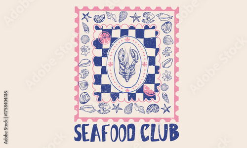 Seafood love club artwork. Lobster artwork for t shirt print, poster, sticker and other uses.