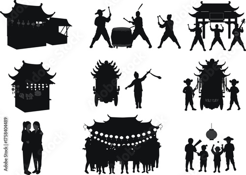 Asian festival silhouettes with market stalls, lanterns, parades, music, and cultural celebration – vector illustration of tradition and community spirit