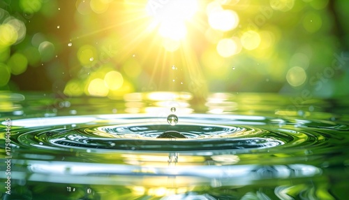 Pure water drop creating a ripple effect on a tranquil pond with a beautiful sunlit bokeh background of fresh green leaves