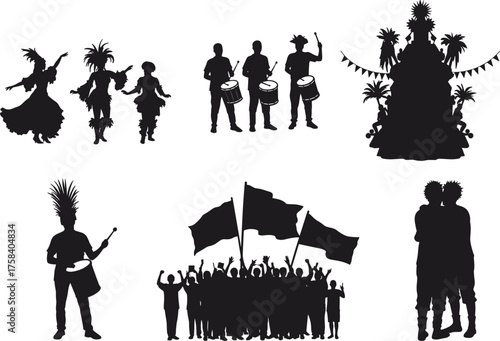 Carnival and parade silhouettes with dancers, musicians, floats, flags, and celebration – vector illustration of cultural joy and festive energy