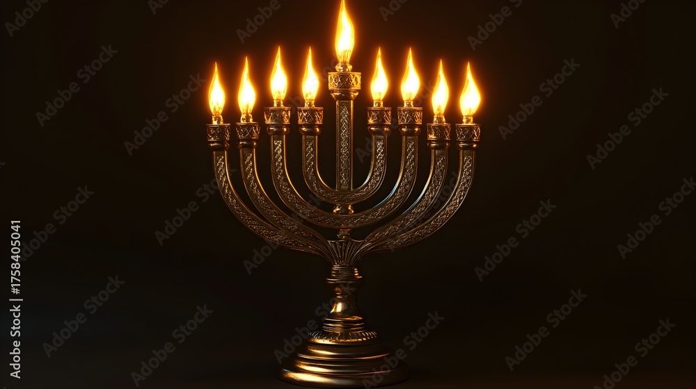 Fototapeta premium Golden menorah with lit candles against a dark background, representing Hanukkah