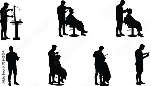 Barber cutting hair silhouette set, hairstylist working with client, hairdresser tools, salon professional vector art, haircut illustration design