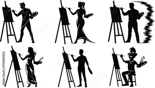 Artist silhouette painting on canvas, creative painter concept, art studio illustration, fine art creation scene, professional drawing, flat vector design