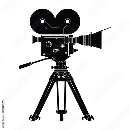 Illustration of a vintage film camera with twin lens mounted on a sturdy tripod stand silhouette
