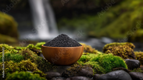 Black cumin seeds in a rustic wooden bowl surrounded by nature, symbolizing purity, wellness, and traditional herbal healing.