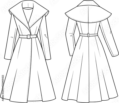 Cad drawing flat vector illustration, technical trench coat design front and back view, fashion template, apparel mockup, belted overcoat sketch