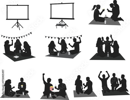 Outdoor movie night celebration with friends sitting on mats, enjoying popcorn, drinks, and festive decorations under projection screens and flags.