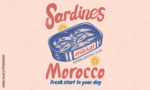 Sardines tin love club. Sardines fish market in morocco. Canned fish artwork. Sardines fish artwork for t shirt print, poster, sticker and other uses.