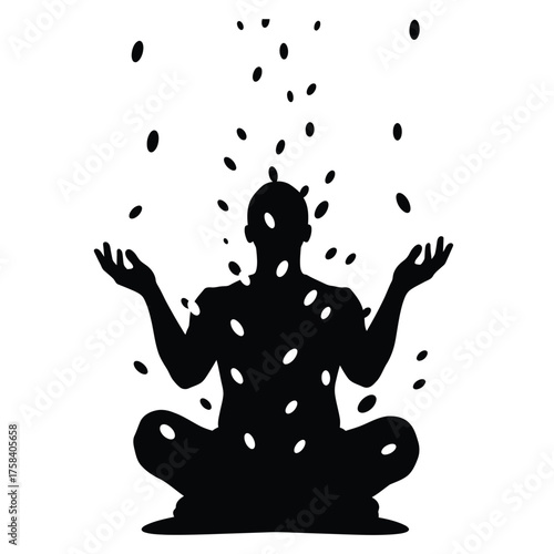 Silhouette of a meditating person with open hands under falling oval shapes on white background